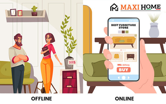 An illustration contrasting online and offline furniture shopping.