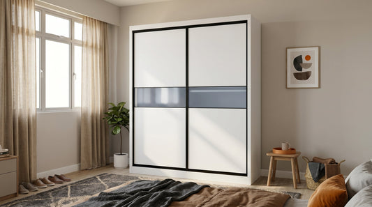 Sliding door wardrobe in a Singapore bedroom with frosted glass panels, sage green wall, neutral bedding, and warm daylight