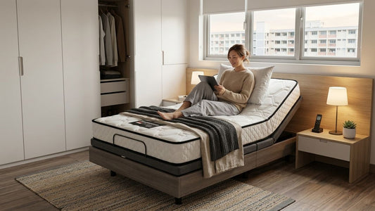 Modern adjustable bed frame with smart electric reclining mattress in a minimalist bedroom, featuring wireless controls and ergonomic sleep support