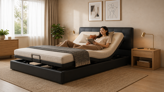 Modern adjustable bed frame in elevated reading position inside a warm Singapore bedroom with black upholstered bed frame, neutral styling, and practical home setup for comfort and everyday living.