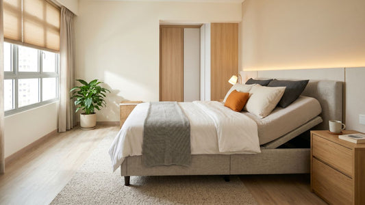 Adjustable mattress collection with split adjustable bed setup and smart reclining features in a modern Singapore bedroom