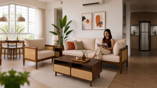 Wood and rattan living room furniture in a Singapore home showing air-conditioning effects on fabric and wood.