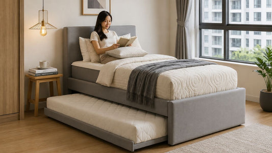 Singapore adult reading on a grey bed and mattress package in a bright condo bedroom with soft bedding and natural daylight
