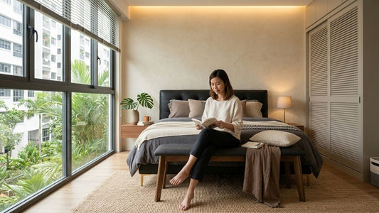 Modern bedroom bench seating at the foot of a bed in a minimalist Singapore-style bedroom with natural light and neutral decor