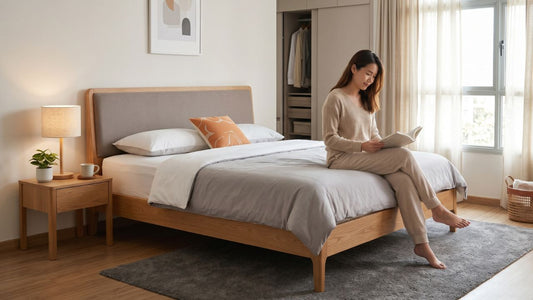 Wooden bed frame with bedside table and wardrobe in a bright Singapore HDB bedroom designed for better sleep hygiene