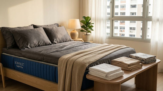 Woman comparing cotton, Tencel, bamboo, and microfibre bedsheet materials beside a modern mattress in a bright minimalist bedroom