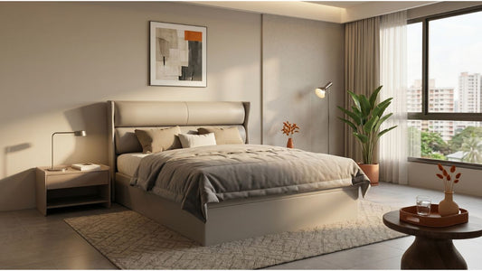 Beige bed frame at comfortable height in a modern Singapore bedroom with soft natural light