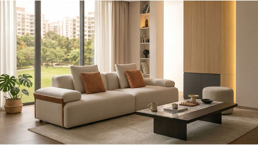 eige ergonomic fabric sofa with chaise in a modern Singapore living room with warm wood accents