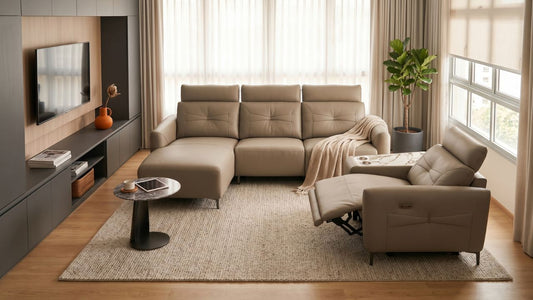 Beige leather recliner sofa set in a modern Singapore living room, showing sofa construction, comfort, and showroom-style furniture quality