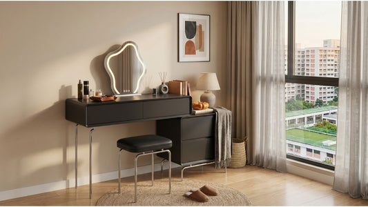 Black dressing table with illuminated mirror, stool, storage drawers, and large window in a modern Singapore bedroom