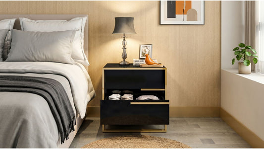 Black and gold bedside table with open drawer in a compact Singapore bedroom, showing practical storage beside the bed