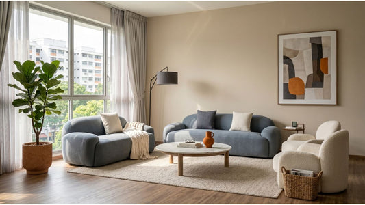 Blue sofa set in a spacious 3-bedroom condo living room with white lounge chairs, round coffee table, and large windows
