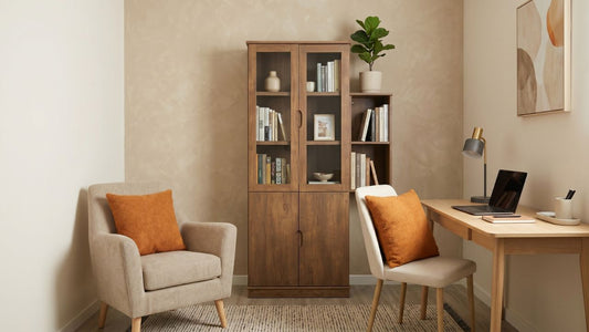 Wooden bookshelf and bookcase with glass doors in a warm Singapore home office, styled with books, storage cabinets, study desk, and reading chair