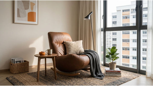 Brown leather lounge chair with side table in a cosy Singapore HDB reading nook