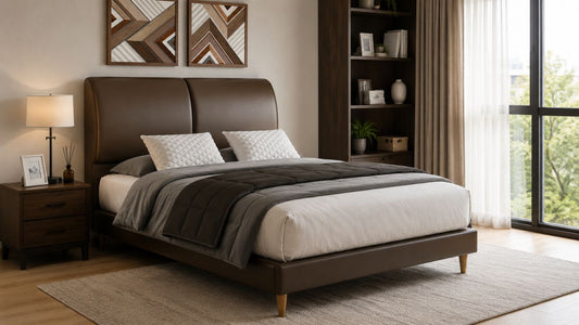 Brown upholstered bed frame in a clean modern Singapore bedroom styled for safe furniture moving and setup