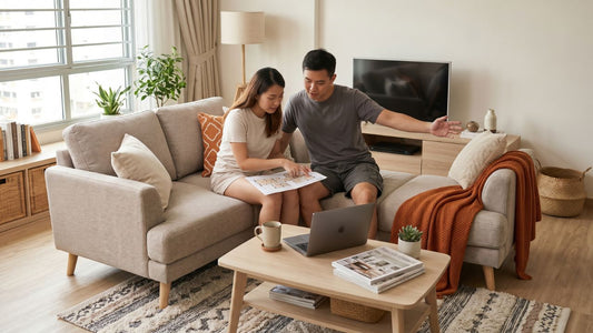 Young Singapore couple planning BTO renovation timeline on a beige sofa with floor plan, laptop, and living room furniture