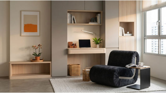 Built-in office desk with black lounge chair in a modern Singapore HDB study room