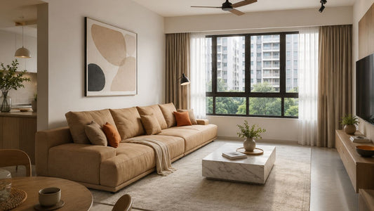 Camel sofa in a modern Singapore HDB living room showing smart furniture planning for first-time buyers