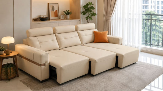 Beige sofa bed in a modern Singapore living room showing a practical setup for avoiding common sofa bed problems