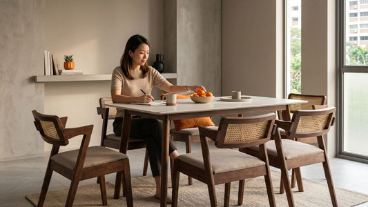 Compact dining set with marble-effect table and wooden rattan chairs in a small Singapore HDB dining area