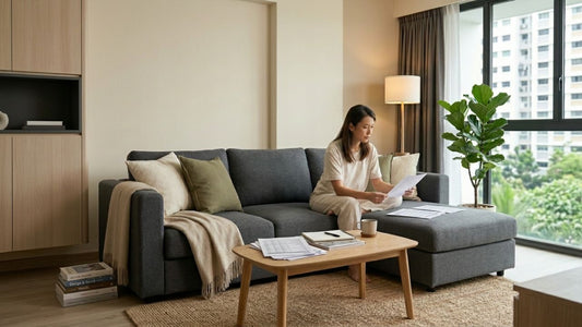 Woman reviewing furniture quotation documents while sitting on a modern grey sectional sofa in a minimalist Singapore apartment living room