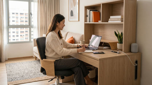 Connected home office furniture in a Singapore HDB with compact wooden study desk, office chair, laptop, cable management and built-in shelving.