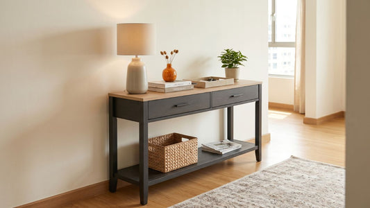Console table for hallways in a Singapore home with drawers, lower shelf storage, lamp, plant, and warm wood flooring