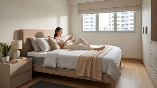 Cooling mattress in a bright Singapore bedroom with breathable bedding, natural daylight, and a homeowner using a smart sleep app on her phone