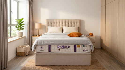 Cooling mattress in a bright Singapore HDB bedroom with Dr. Maxis Cool Violet mattress, upholstered bed frame, bedside table, and fan for tropical climate comfort.