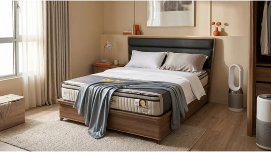 Cotton and Tencel bedsheets on a Dr Maxis mattress in a modern Singapore bedroom with wood bed frame