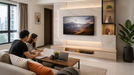 Couple planning a furniture shopping trip in a Singapore living room with a modern TV feature wall
