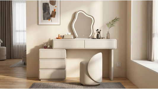 Cream dressing table with mirror and storage drawers in a modern Singapore bedroom with soft natural light