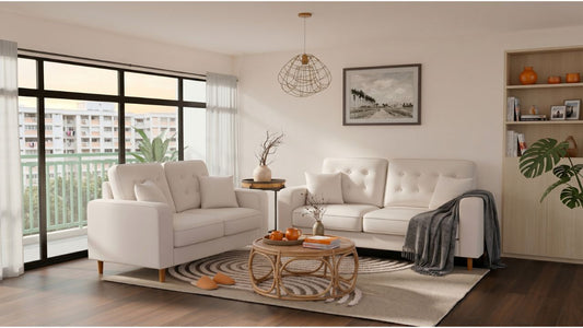 Cream microfibre sofa set in a bright Singapore living room with rattan coffee table and balcony light