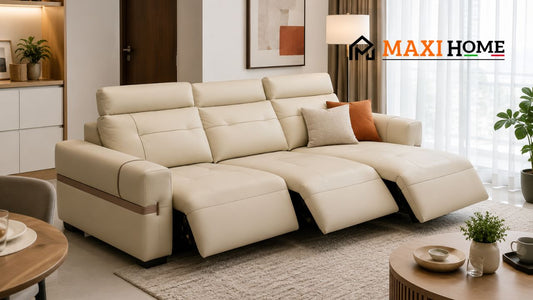 Cream recliner sofa in a modern Singapore living room with warm neutral styling and space-smart furniture layout