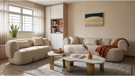 Cream sofa set with marble coffee tables in a cosy 2-room HDB living room with built-in storage