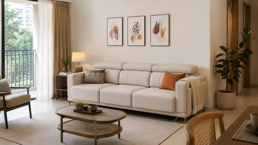 Cream three-seater sofa in a modern Singapore living room with warm neutral styling, balcony light, coffee table, and practical HDB-friendly layout
