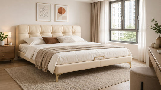 Cream upholstered bed frame in a bright Singapore bedroom with soft daylight, neutral bedding, and practical modern styling.