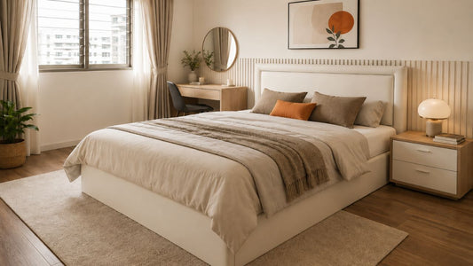 Cream upholstered bed frame in a modern Singapore bedroom with warm wood tones, soft daylight, and practical space planning.