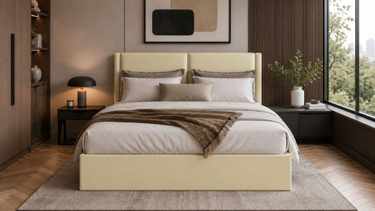 Cream upholstered bed in a modern Singapore master bedroom layout with warm wood accents and city view