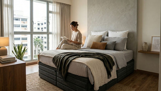 Modern bedroom styling with layered cushions and throw pillows in neutral tones creating a balanced and cosy bed arrangement without clutter