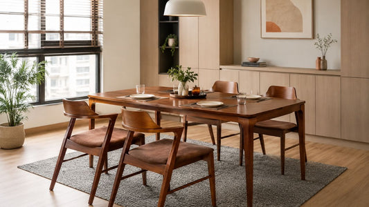 Warm modern Singapore dining room with wooden dining table, matching chairs, built-in storage cabinets, and neutral custom carpentry finishes.