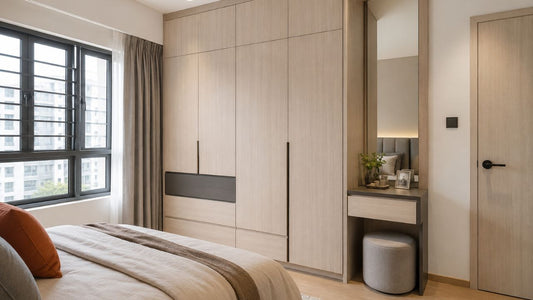 Custom carpentry timeline for a Singapore HDB bedroom with built-in wardrobe, vanity storage, warm wood finishes, and practical space planning.