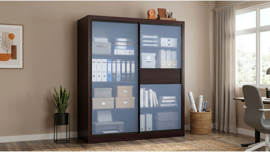Dark wood office storage cabinet with frosted sliding doors in a Singapore home study room