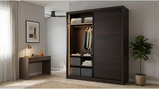 Dark wood sliding wardrobe with warm internal LED lighting in a modern Singapore bedroom