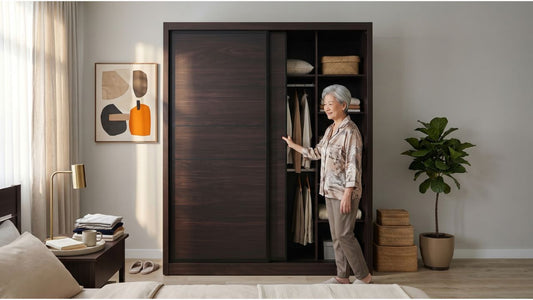 Dark wood sliding wardrobe in a Singapore bedroom with open storage, warm neutral decor, and resident organising clothes