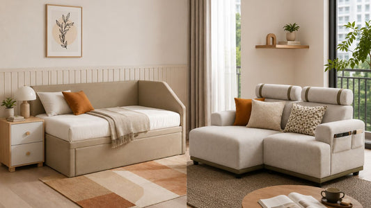 Daybed vs chaise comparison in a modern Singapore home with a beige daybed and chaise sofa