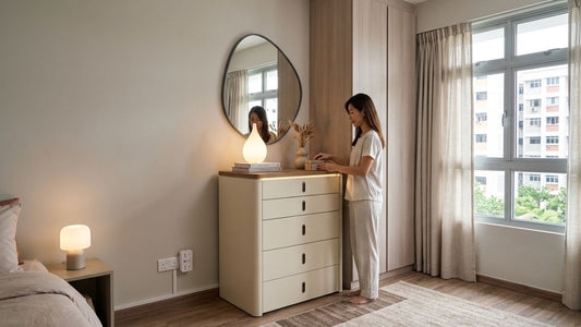 Modern bedroom interior with decorative round mirror above chest of drawers, showcasing mirror placement and sizing tips for compact spaces