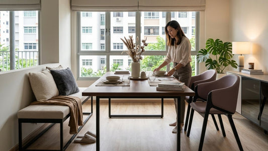 Modern Singapore apartment dining room featuring a wooden dining table with dining bench seating on one side and dining chairs on the other, showcasing space-saving dining furniture ideas for compact homes