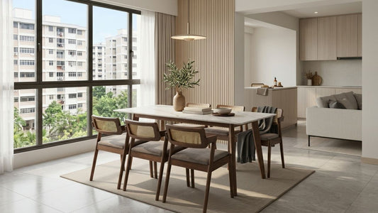 Woman cleaning a modern marble dining table with wooden dining chairs in a bright Singapore HDB apartment interior