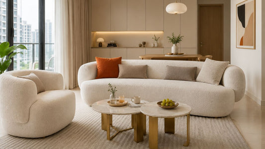 Ivory bouclé sofa in a modern Singapore condo living room for a guide on direct-factory sofas vs retail-brand sofas.